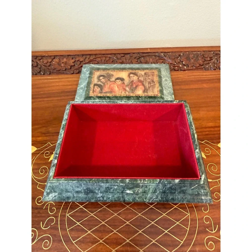 Vintage Edna Hibel Marble Jewelry Box - Signed Green Stone Trinket Box‎